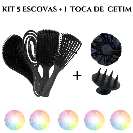 Kit 5 Escovas para pentear + 1 Toca de cetim